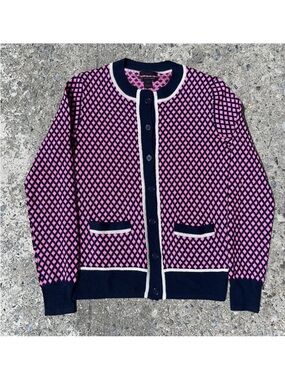 J Crew Italian Cashmere Pink/ Navy Cardigan Sweater‎ XS Geometric
